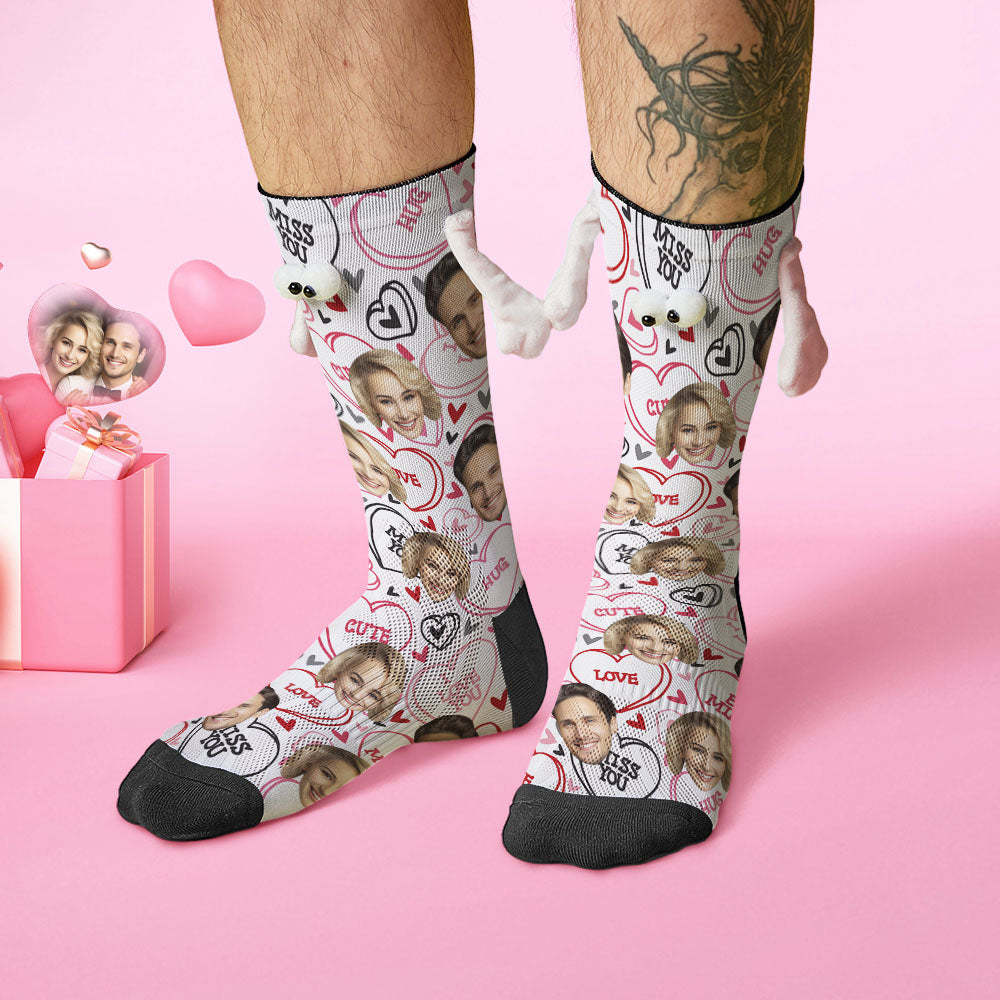 Benutzerdefinierte Gesichtssocken, Lustige Puppen-mid-tube-socken, Magnetische Hände Haltende Socken, Miss You Valentinstagsgeschenke - 