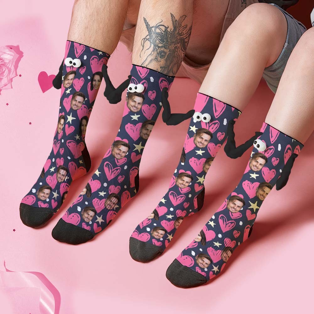 Benutzerdefinierte Gesichtssocken, Lustige Puppen-mid-tube-socken, Magnetische Hände Haltende Socken, Happy Valentine's Day - 