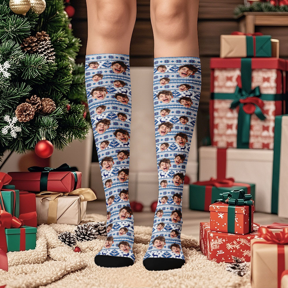 Weihnachtsgeschenke, Kniehohe Socken Mit Individuellem Gesicht, Personalisierte Weihnachtssocken. Frohe Weihnachten - FotoSocken