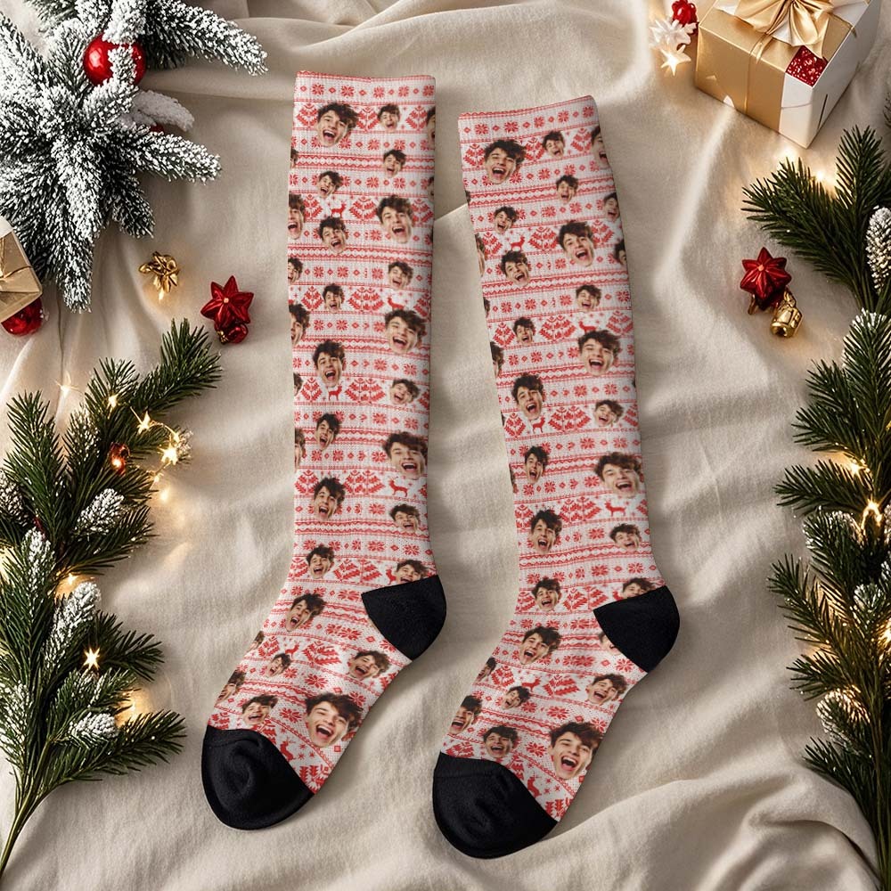 Weihnachtsgeschenke, Kniehohe Socken Mit Individuellem Gesicht, Personalisierte Weihnachtssocken. Frohe Weihnachten - FotoSocken