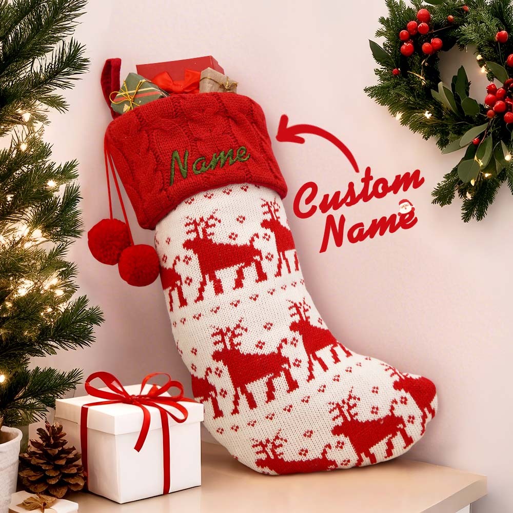 Benutzerdefinierter Name Weihnachtsdekoration Gestrickte Weihnachtssocken Weihnachtssocken Mit Roten Und Weißen Streifen - FotoSocken