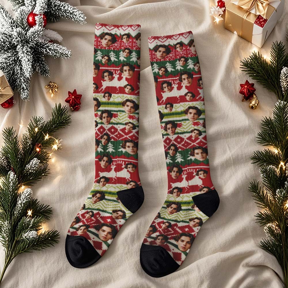Benutzerdefiniertes Gesicht Kniestrümpfe Weihnachtsgeschenke Personalisierte Vintage Warme Socken Frohe Weihnachten Für Liebhaber - FotoSocken
