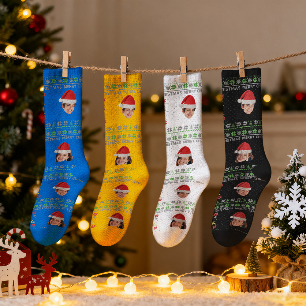 Personalisierte Weihnachtssocken Mit Foto Für Damen Und Herren Im Weihnachtsmann-design Mit Verschiedenen Farboptionen - FotoSocken