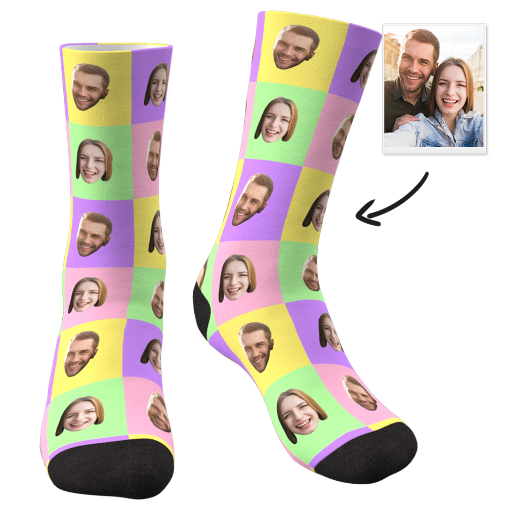 3d-vorschau Benutzerdefinierte Gesichtssocken Bunte Quadratische Personalisierte Lustige Socken - 