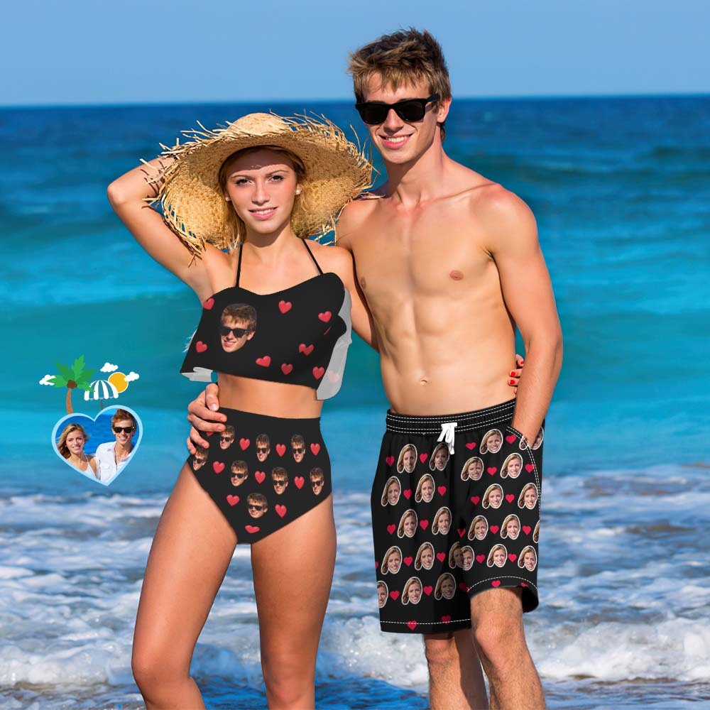 Custom Face Heart Matching Couples Swimsuits Face Couples Swimwear Gift for Lovers - 