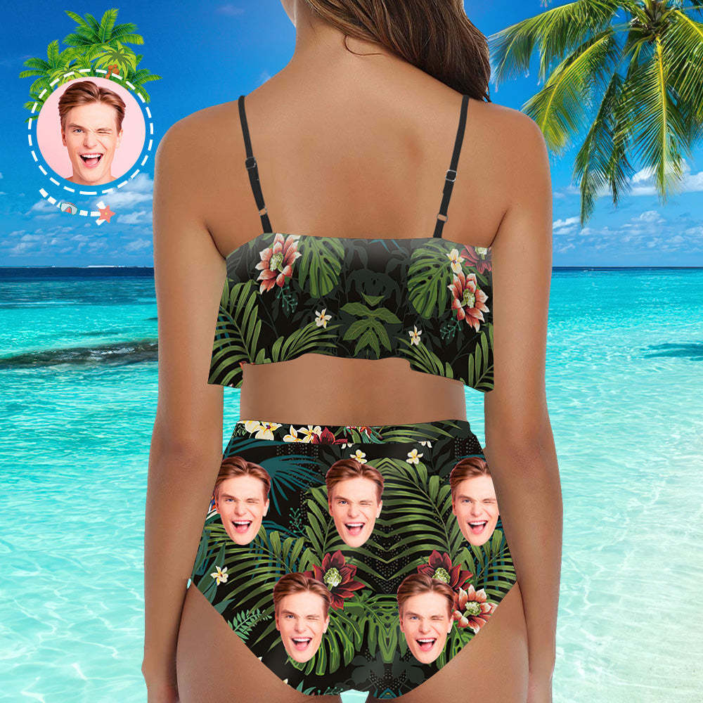 Custom Face Badeanzug Mit Rüschen, Hoch Taillierter Bikini - Blätter Im Hawaiianischen Stil -