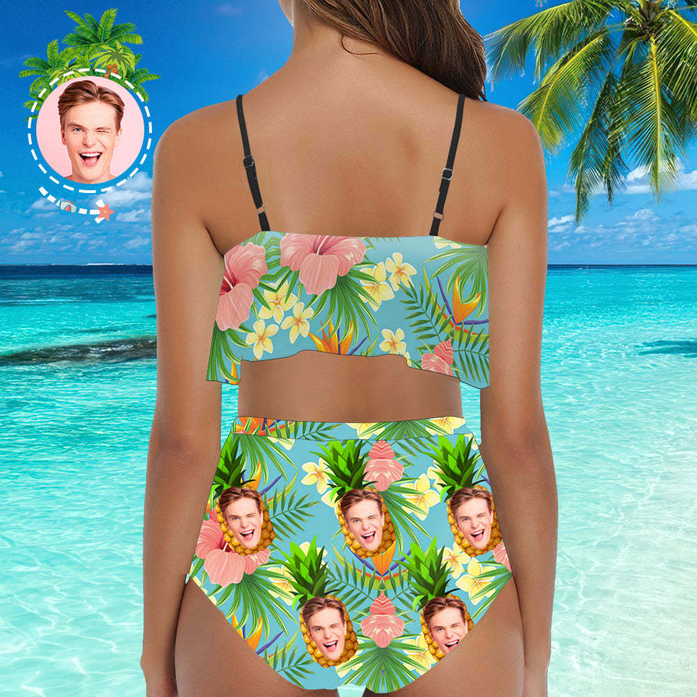 Benutzerdefiniertes Gesicht Badeanzug Rüsche Ananas Bikini Mit Hoher Taille -