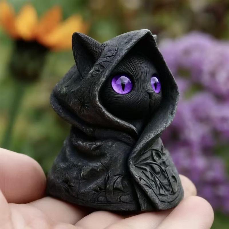 Geheimnisvolle Katzenfigur Mit Kapuze – Gothic-Statue Einer Schwarzen Katze, Fantasievolle, Hexenhafte Kätzchenskulptur Als Heimdekoration, Perfektes Geschenk Für Katzenliebhaber - FotoSocken