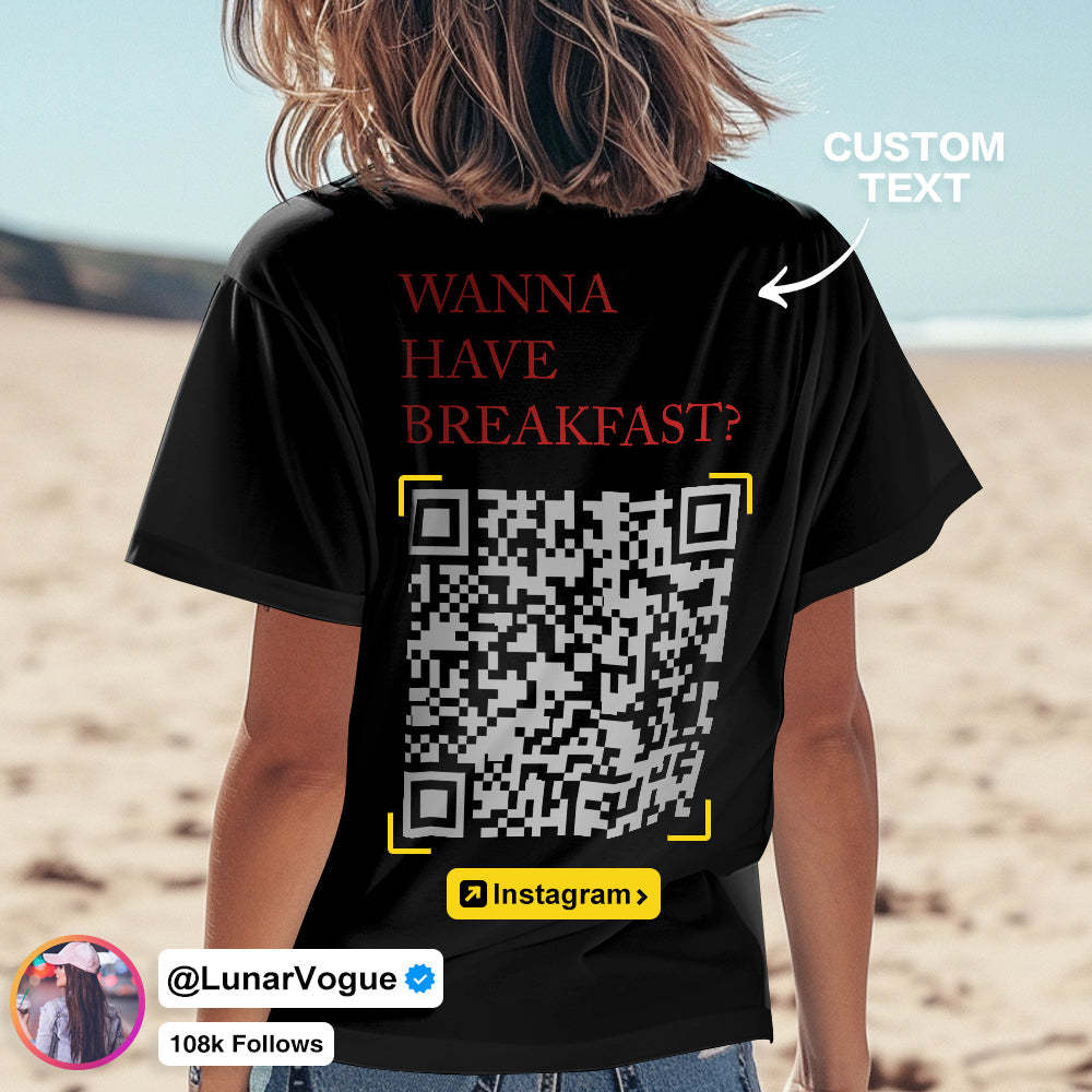 Benutzerdefiniertes Qr-code-t-shirt, Personalisiertes Social-connection-shirt Mit Text. Wollen Sie Frühstücken? -