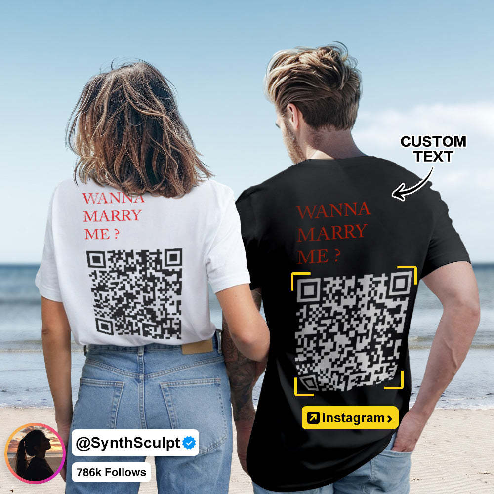 Benutzerdefiniertes Qr-code-t-shirt, Personalisiertes Social-connection-shirt Mit Text Wollen Sie Mich Heiraten? - 