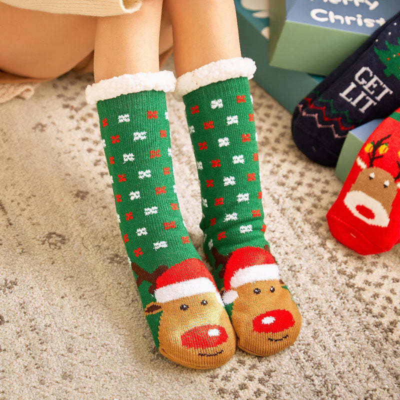 Weihnachtssocken, Plüsch-korallen-fleece, Winter-haus-bodensocken, Grüne Slipper-socken – Elch - 