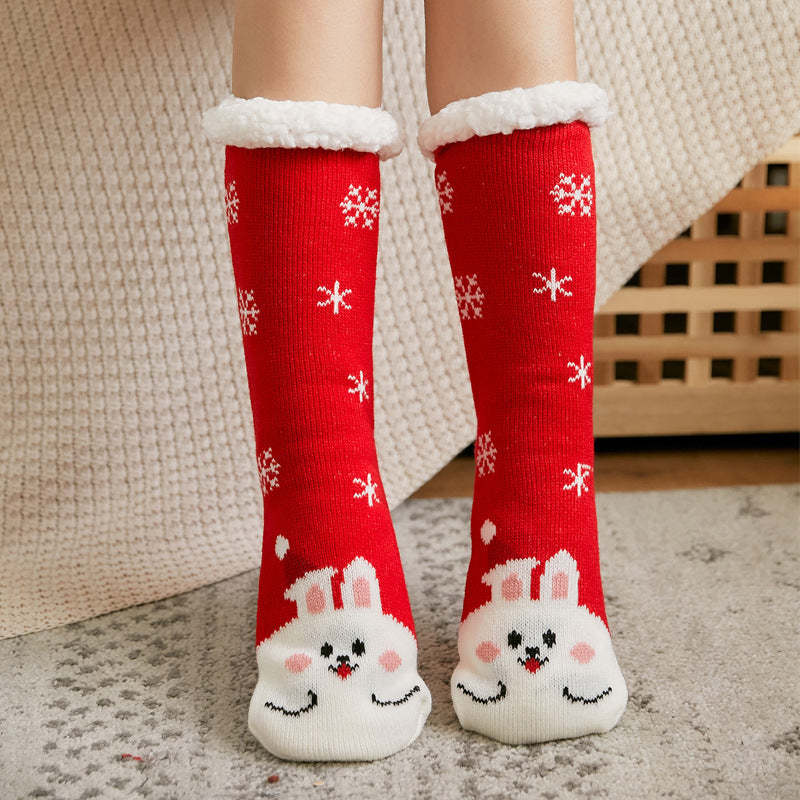 Weihnachtssocken, Plüsch-korallen-fleece, Winter-haus-bodensocken, Rote Slipper-socken – Kaninchen - 