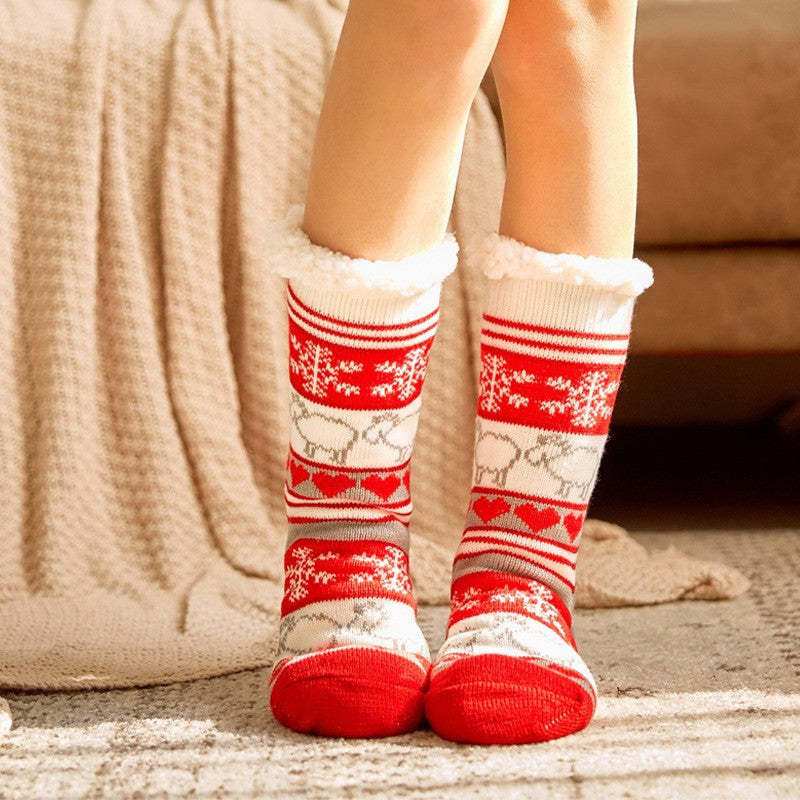 Weihnachtssocken, Plüsch-korallen-fleece, Winter-haus-bodensocken, Rote Slipper-socken – Schneeflocken-schafe - 