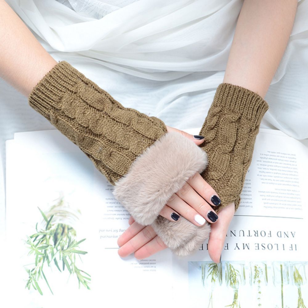 Warme Gestrickte Halbfinger-handschuhe Für Damen, Solide Flap-handschuhe - 