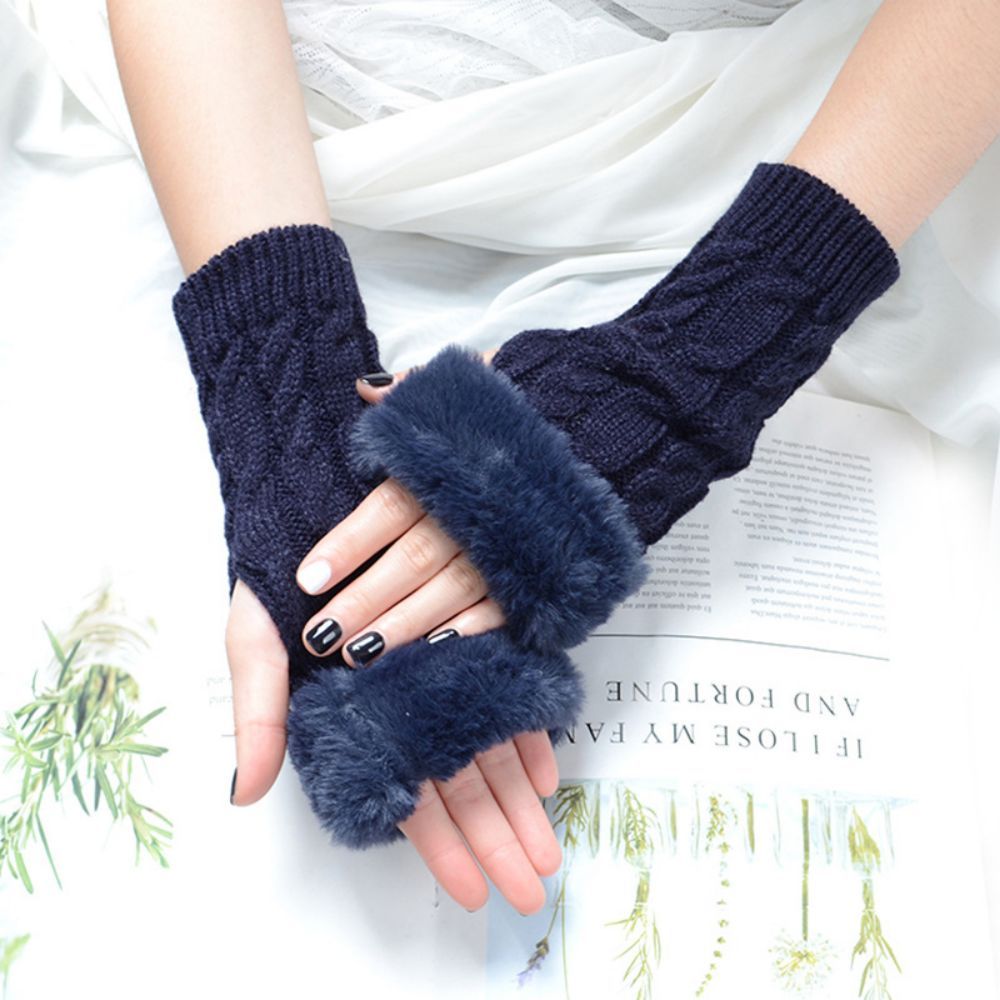 Warme Gestrickte Halbfinger-handschuhe Für Damen, Solide Flap-handschuhe - 