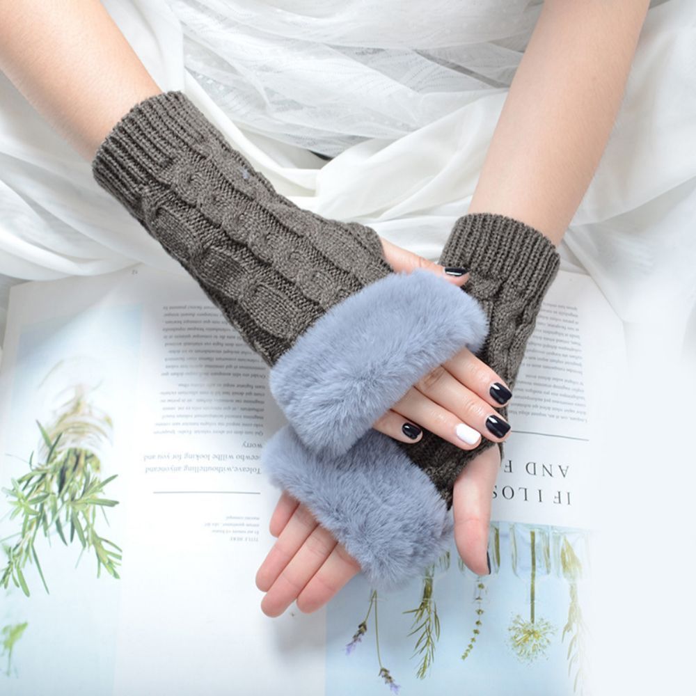 Warme Gestrickte Halbfinger-handschuhe Für Damen, Solide Flap-handschuhe - 