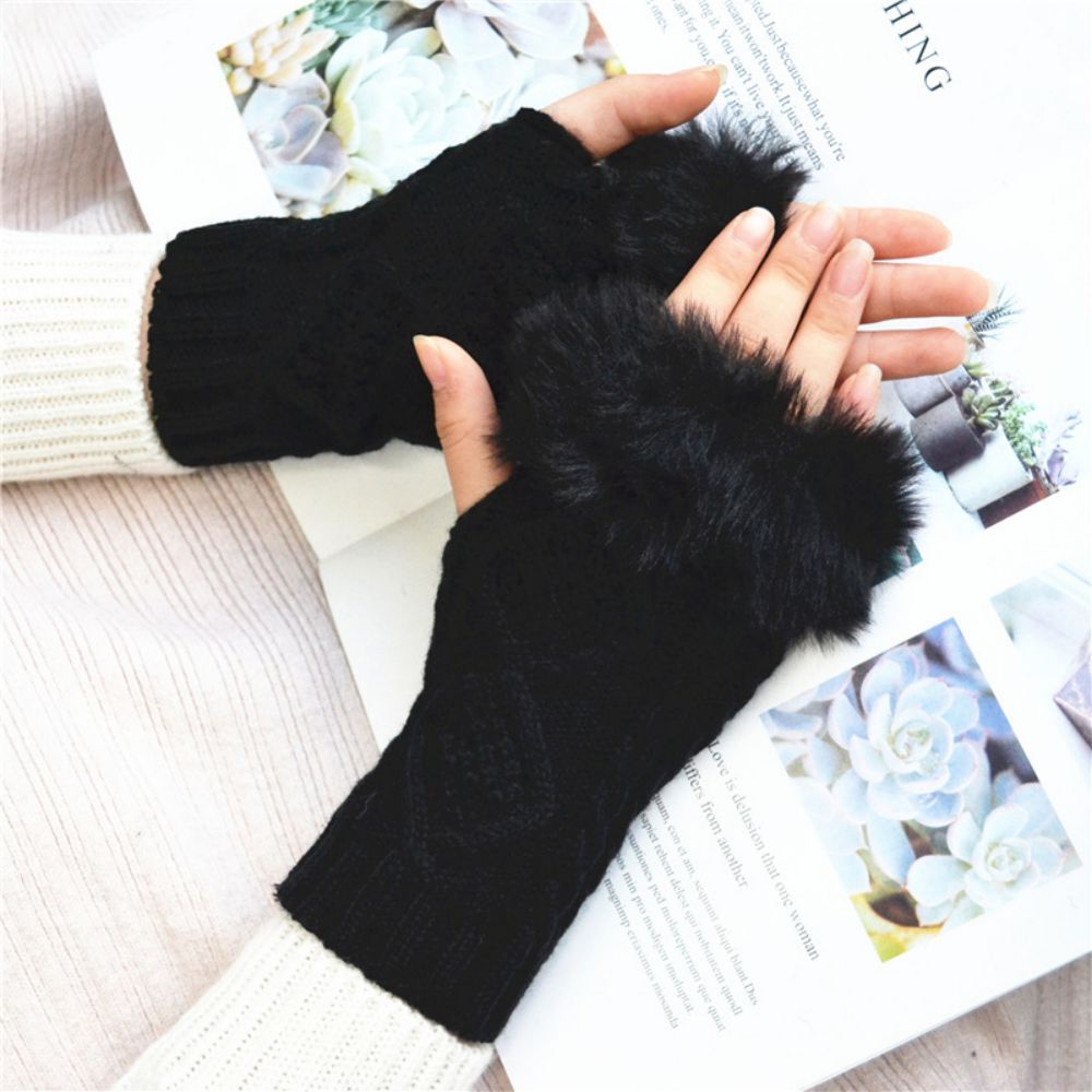 Winterwarme Halbfinger-kurzarm-fleece-zwei-rhombus-handschuhe Für Damen - 