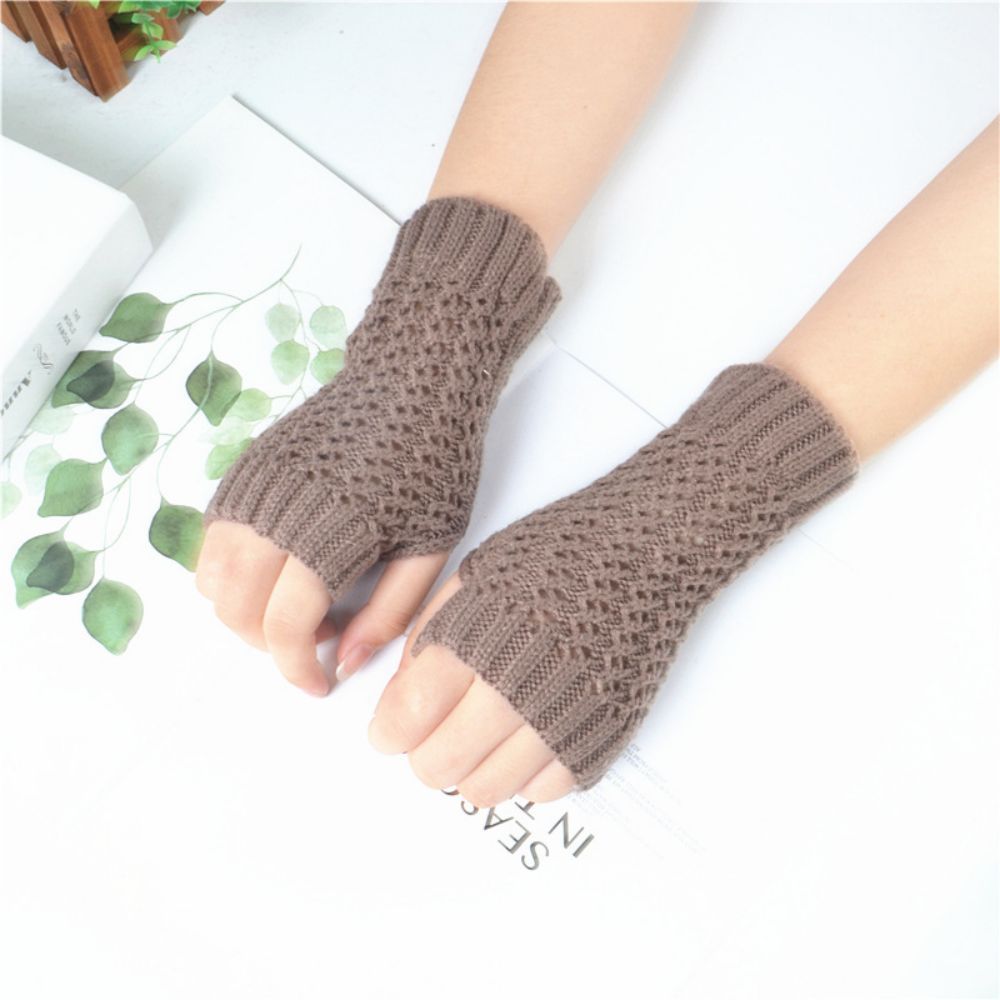 Gestrickte Halbfinger-mesh-handschuhe, Einfarbig, Warme Damen-kurzhandschuhe - 