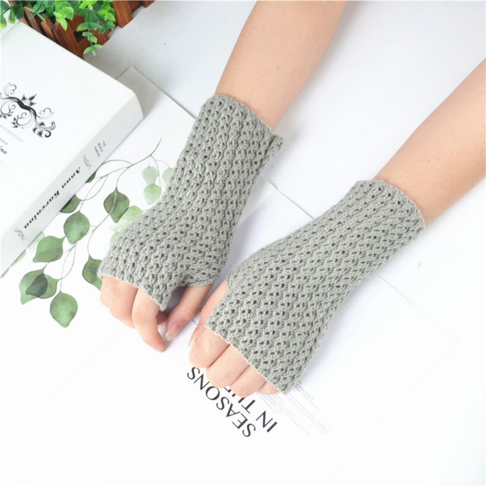 Gestrickte Halbfinger-mesh-handschuhe, Einfarbig, Warme Damen-kurzhandschuhe - 