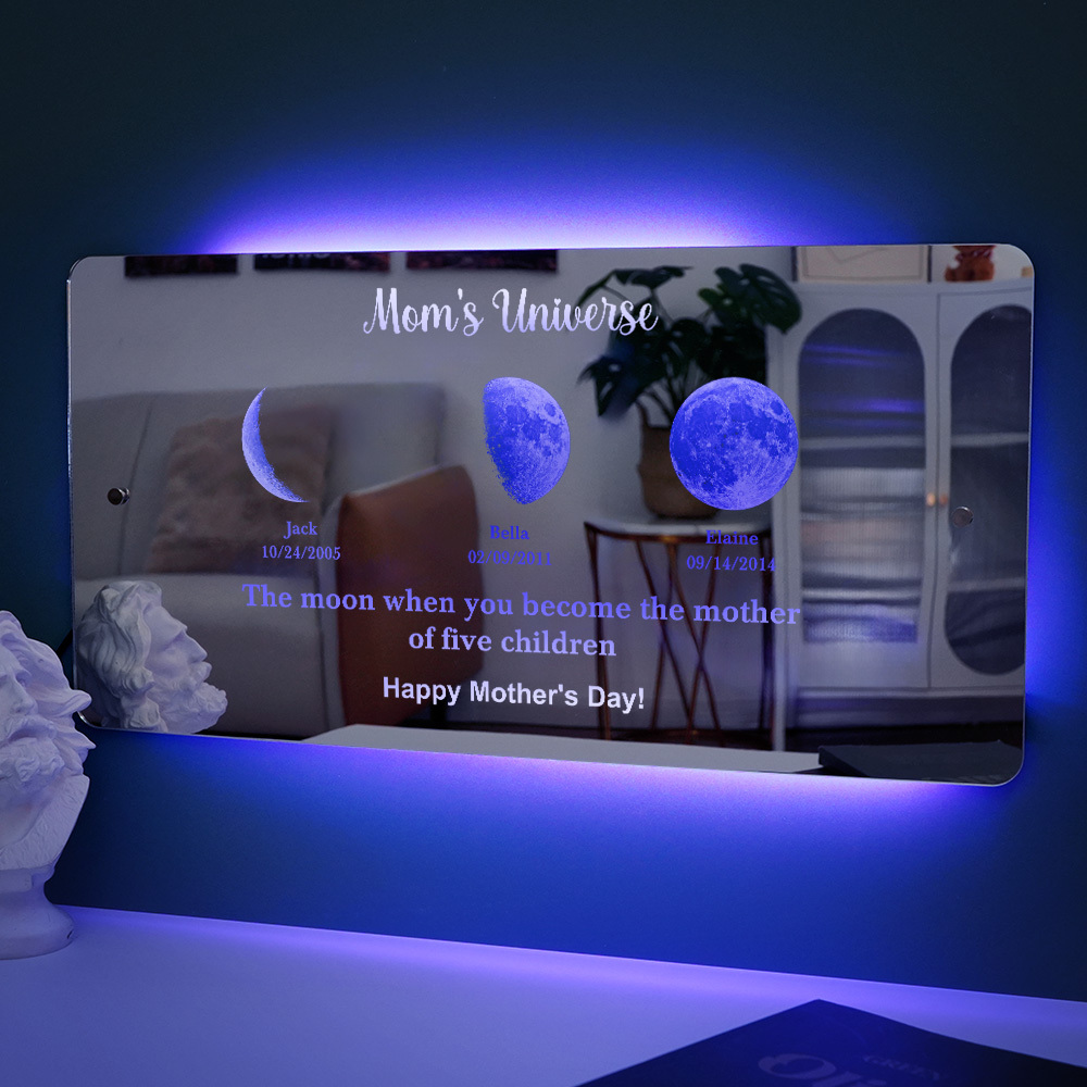 Benutzerdefinierter Led-spiegel-lichtrahmen „mom's Universe" Mit Text Und Datum, Muttertagsgeschenk - FotoSocken
