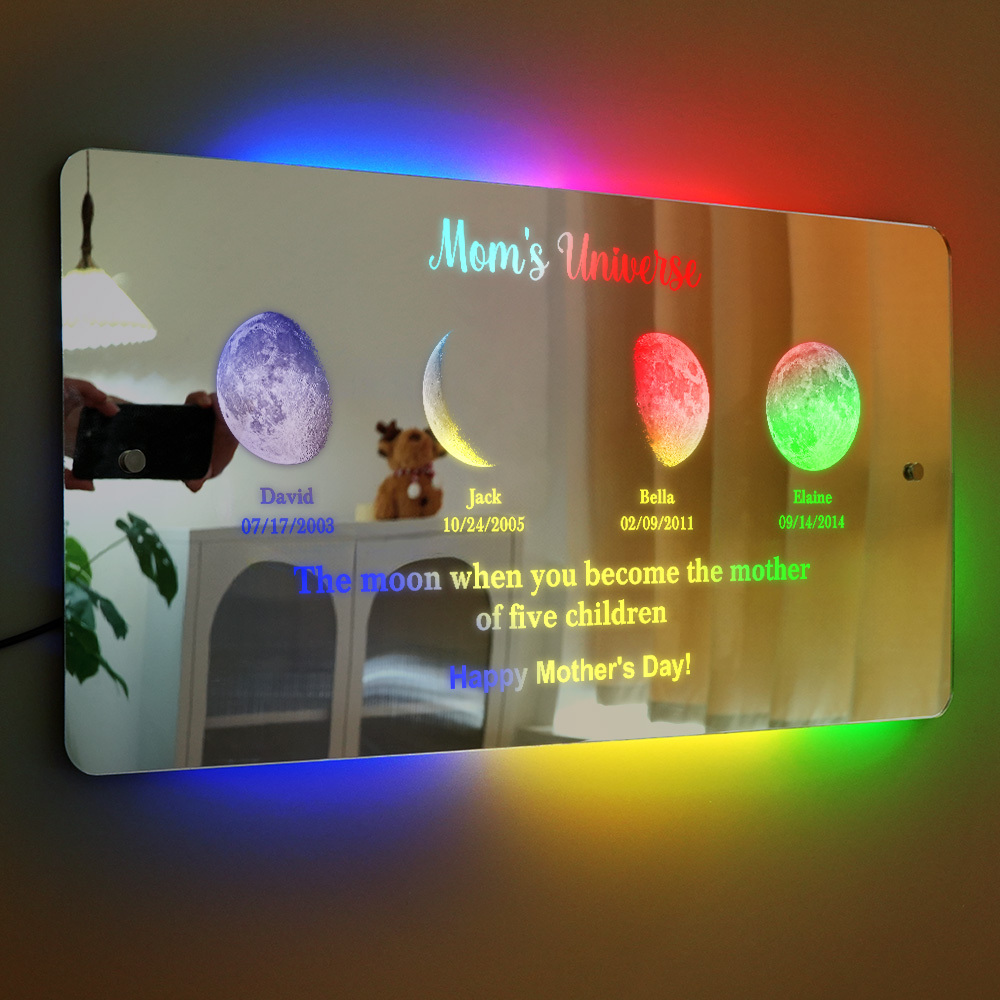 Benutzerdefinierter Led-spiegel-lichtrahmen „mom's Universe" Mit Text Und Datum, Muttertagsgeschenk - FotoSocken