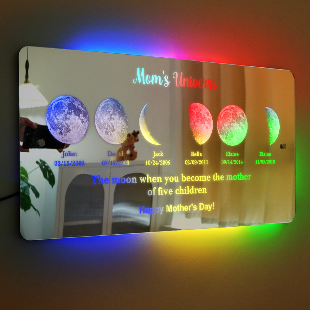 Benutzerdefinierter Led-spiegel-lichtrahmen „mom's Universe" Mit Text Und Datum, Muttertagsgeschenk - FotoSocken