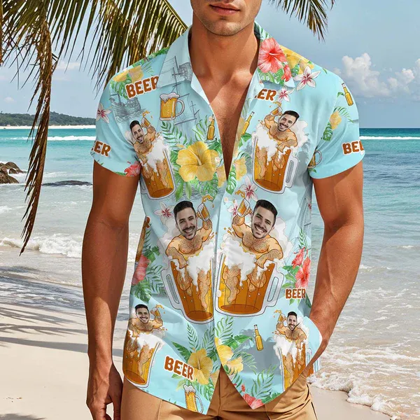 Benutzerdefiniertes Gesicht Hawaii-Hemd Mit Bierdruck, Personalisiertes Aloha-Strand-Hemd, Party-Geschenk Für Männer - FotoSocken
