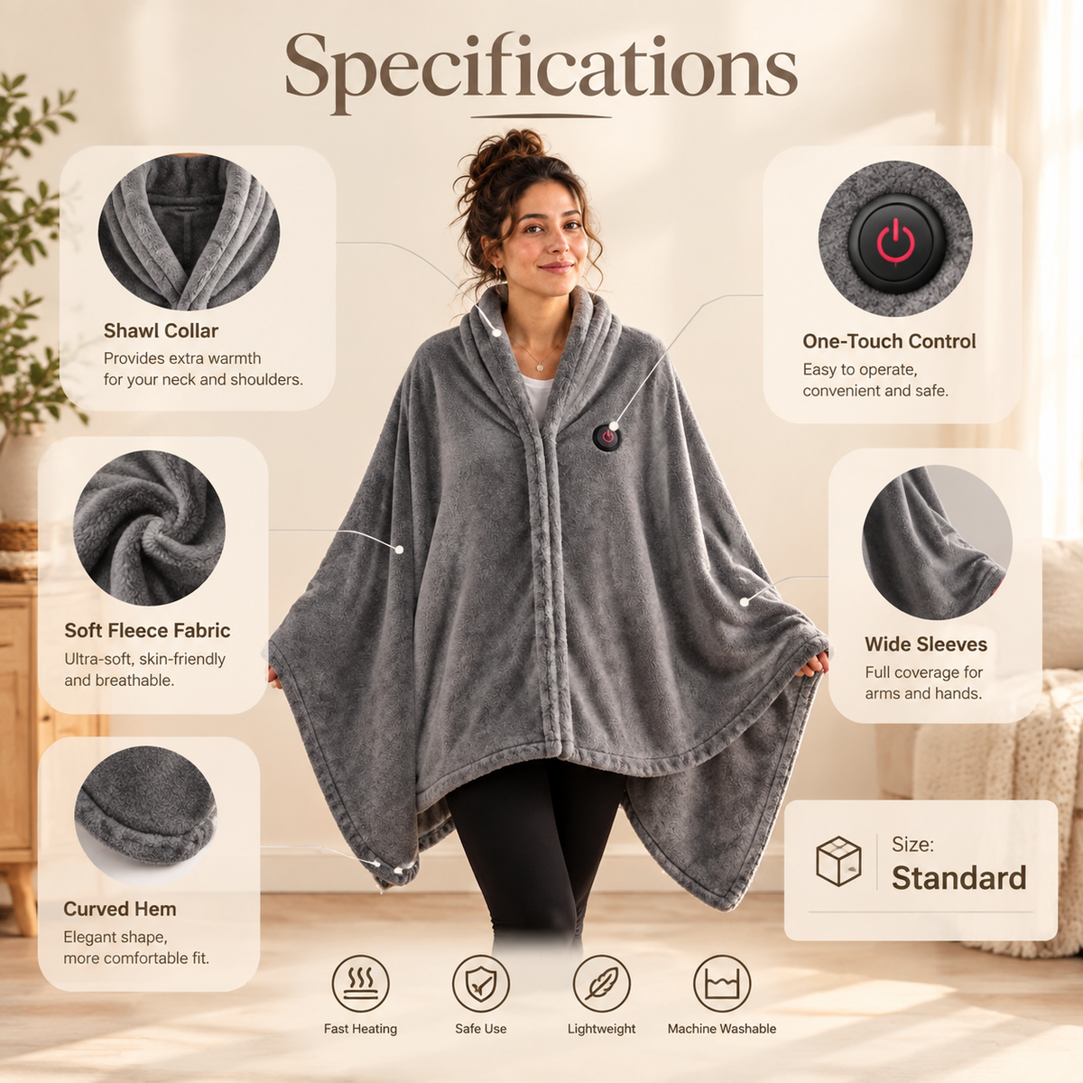 USB-Heizdecke, Schal, Tragbare Heizdecke Mit 3 Heizstufen, Beheizte Elektrische Überwurfdecke, Tragbarer Tragbarer Überwurf-Poncho-Wickel Für Schulter Und Nacken - FotoSocken