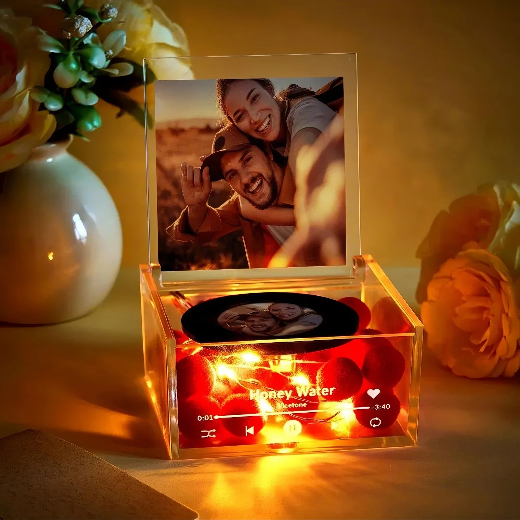 Mini Muziek Platenspeler Aangepaste Foto Met Licht Gepersonaliseerde Muziek Acryl Doos