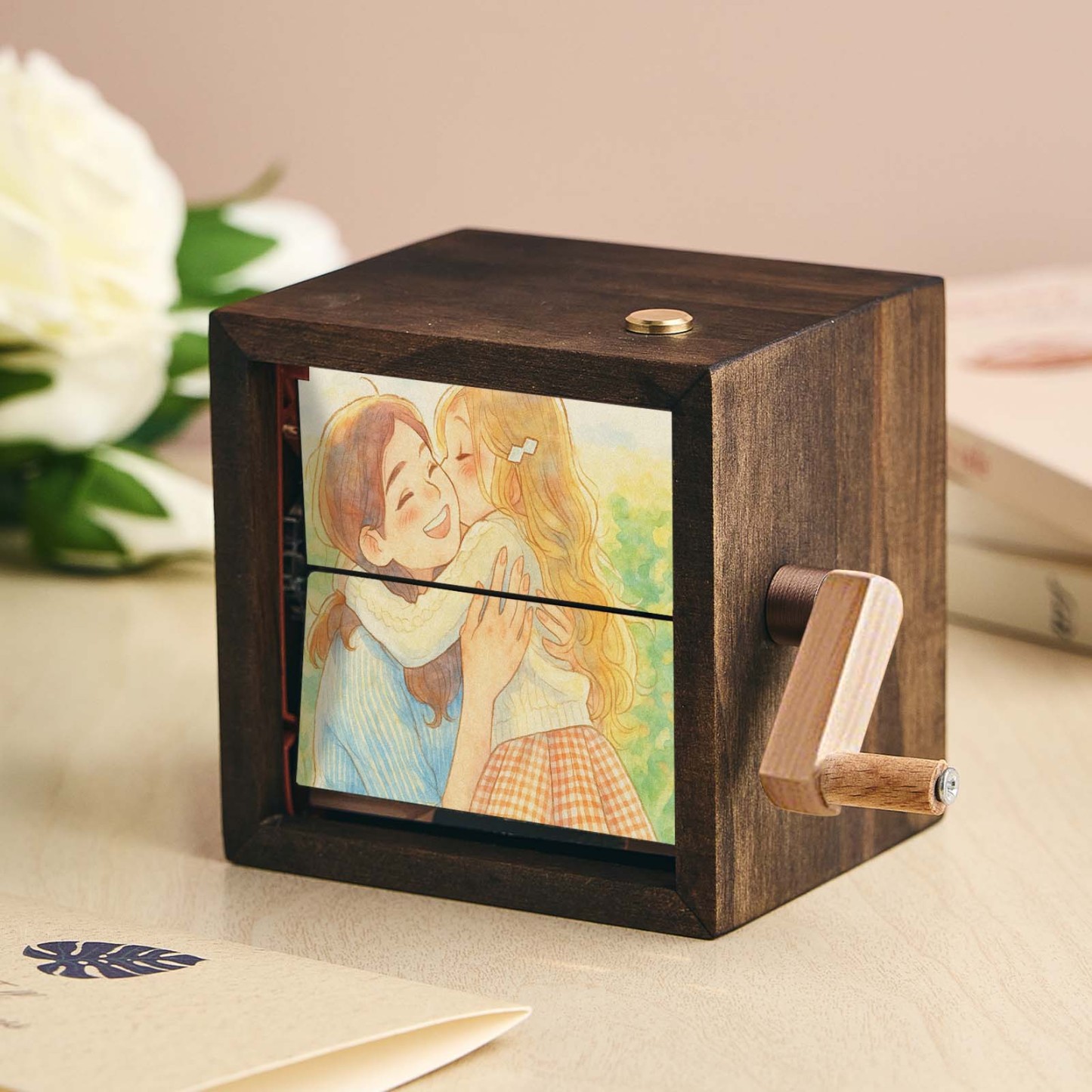 Aangepaste Anime Hand-crank Flipbook Box Mechanisch Hand-crank Fotoalbum Met Licht Walnoot Baby Foto Kubus Frame Creatief Cadeau - SokkenFoto