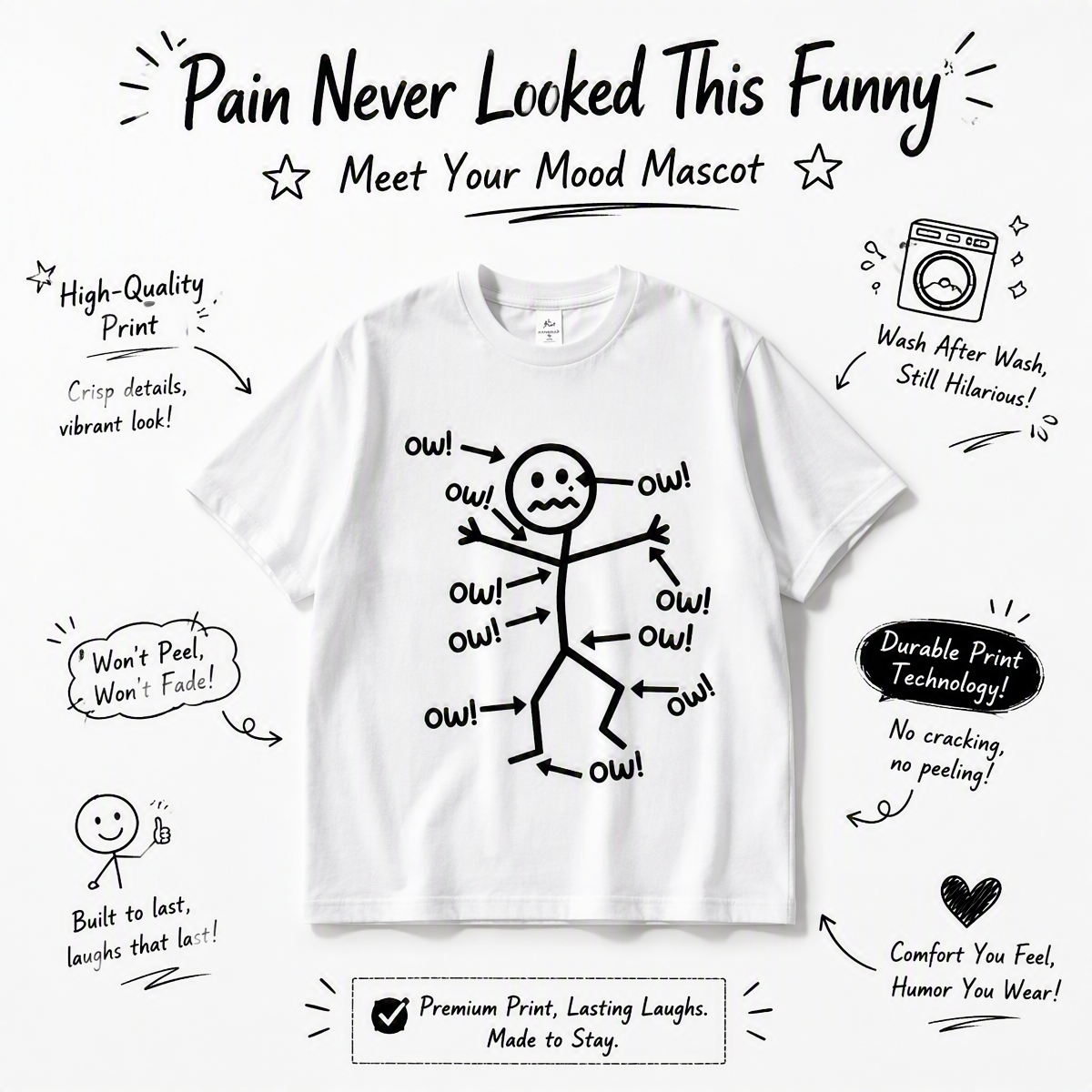 Grappige Ow Ow Ow Ow Zeggen Lichaamspijn Karakter Humor Sarcastische T-shirt - SokkenFoto