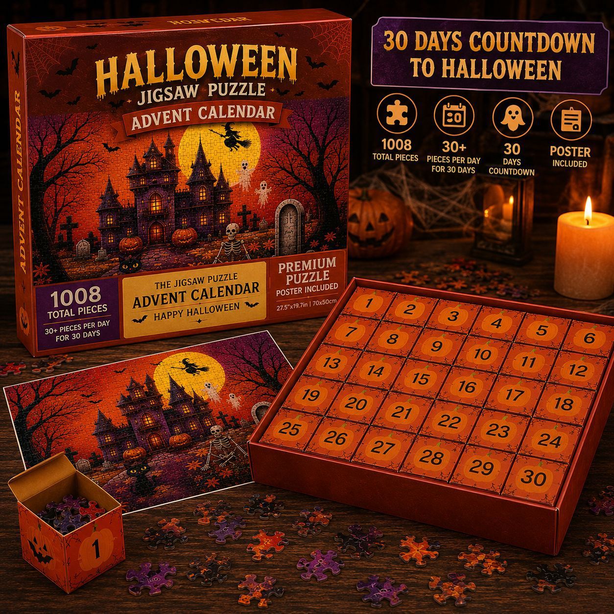 Grensoverschrijdende Halloween 30-dagen Aftelpuzzeldoos Met Spookhuispuzzel - SokkenFoto