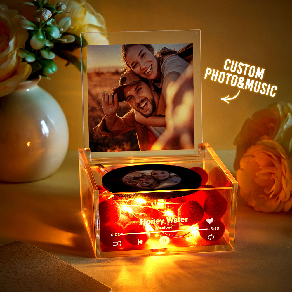 Mini Muziek Platenspeler Aangepaste Foto Met Licht Gepersonaliseerde Muziek Acryl Doos