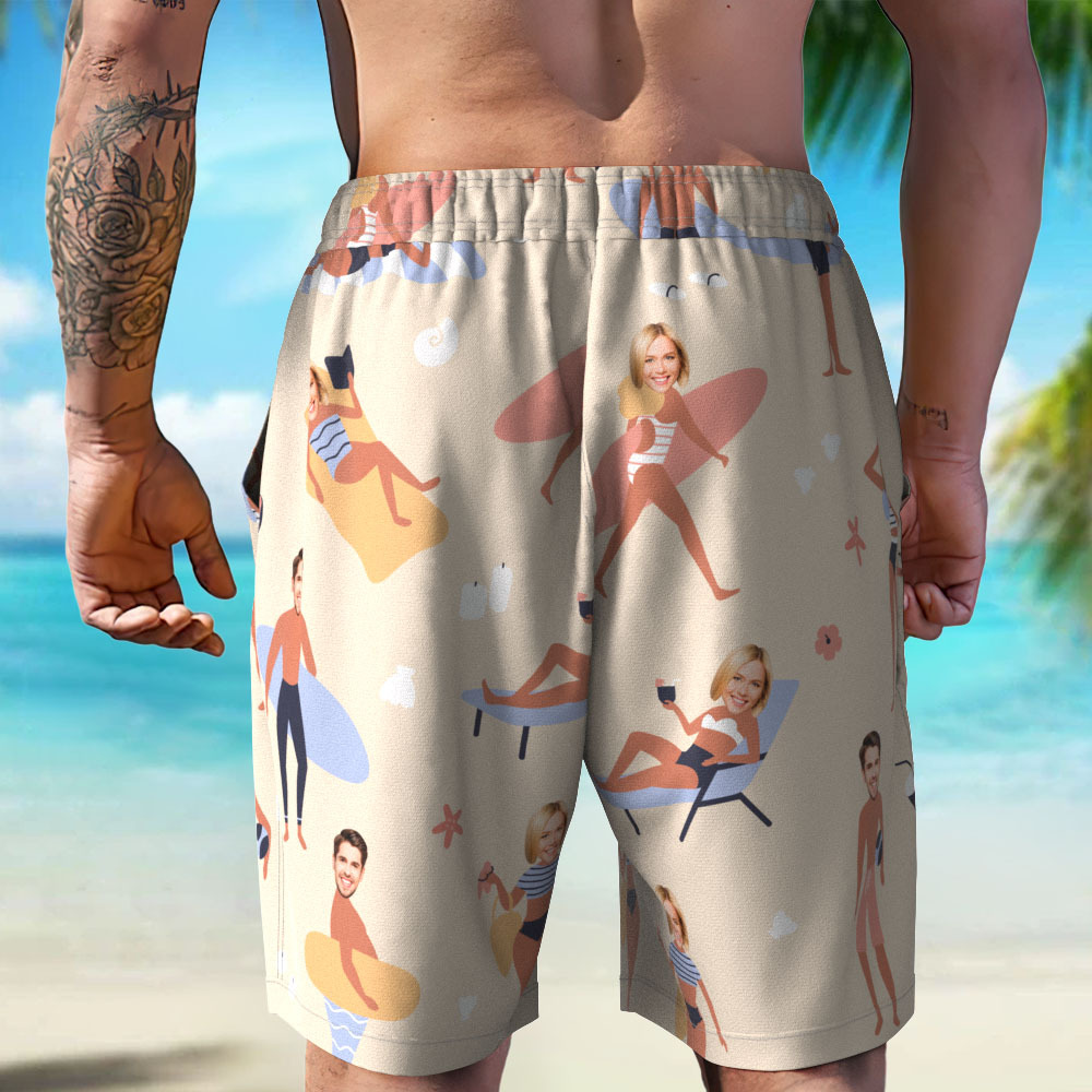 Aangepaste Lichtblauwe Gezicht Heren Zwembroek Gepersonaliseerde Tropische Zwemshorts Badpak - SokkenFoto