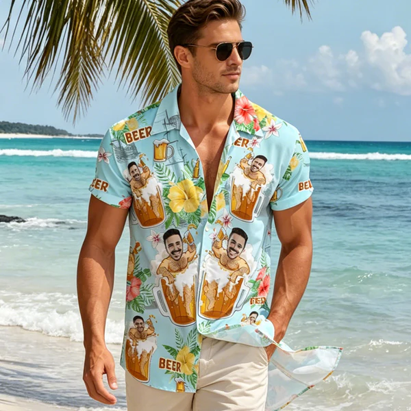 Aangepaste Gezicht Hawaiian Shirt Bier Print Gepersonaliseerde Aloha Beach Shirt Partij Cadeau Voor Mannen