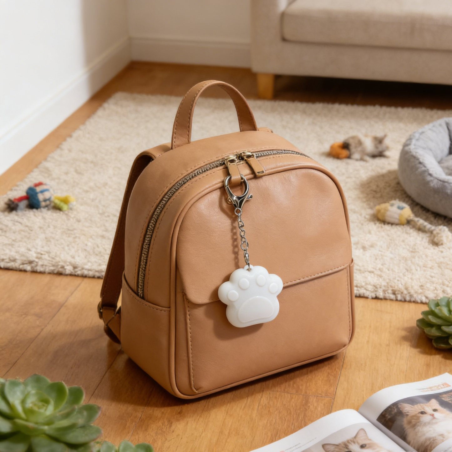 Schattige Sleutelhanger Met Kattenpootje, Oplaadbaar, Mini-tasbedeltje Met Dubbele Ketting, Wit Kattenpootje-design - SokkenFoto