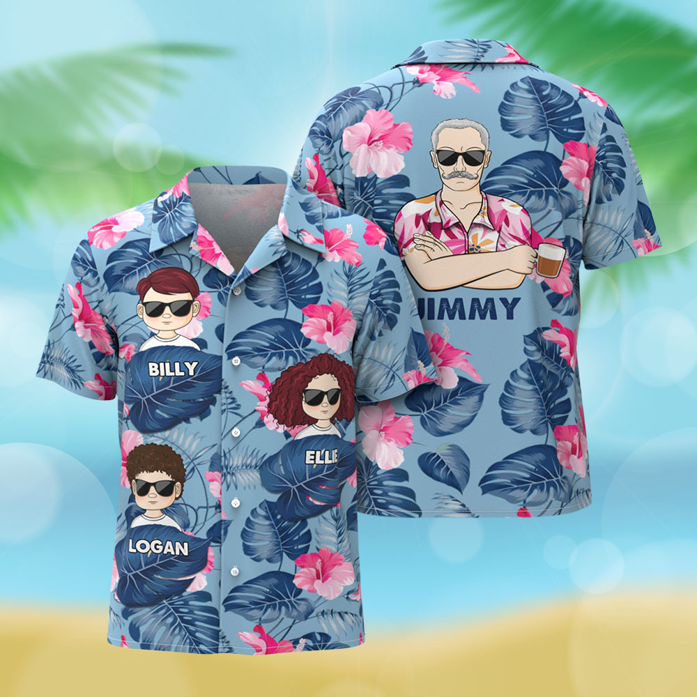 Gepersonaliseerd Hawaiiaans Shirt Met Cartoonprint, Beste Vader Ooit, Verjaardagscadeau Voor Vader, Opa En Grootvader, Aangepaste Naam Hawaiiaans Shirt - SokkenFoto