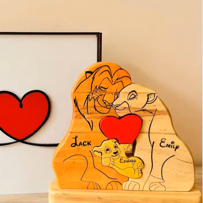 Houten Leeuwenfamilie Aangepaste Namen Puzzel Woonaccessoires Cadeaus - SokkenFoto