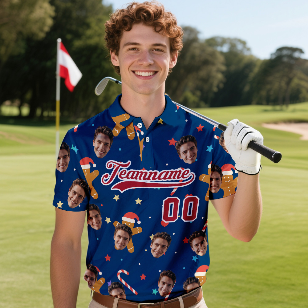 Aangepast Gezicht En Tekst Blauwe Gemberman Kerstpolo Kerst Kerstman Prestatiegolfpoloshirt