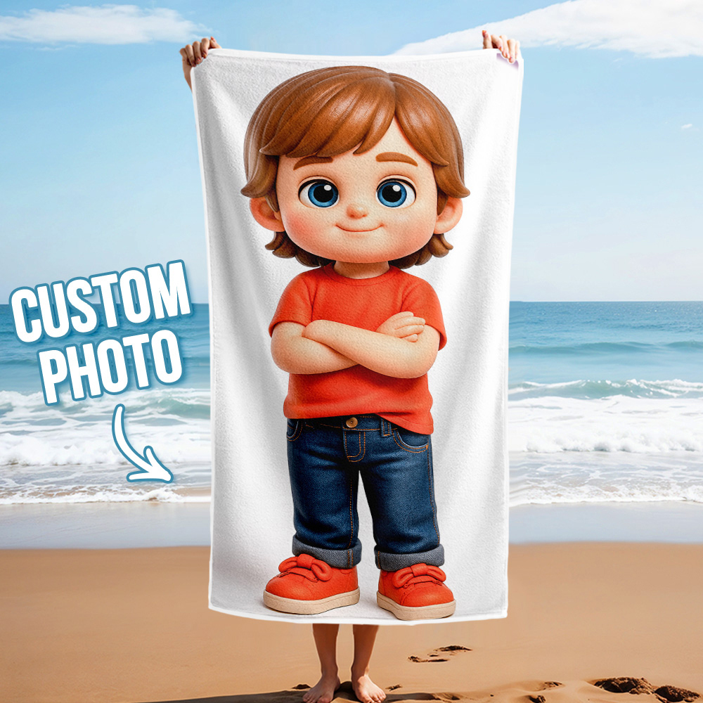 Gepersonaliseerde Strandhanddoek Met Cartoonfoto, Perfect Cadeau-idee Voor Familie-uitjes - SokkenFoto
