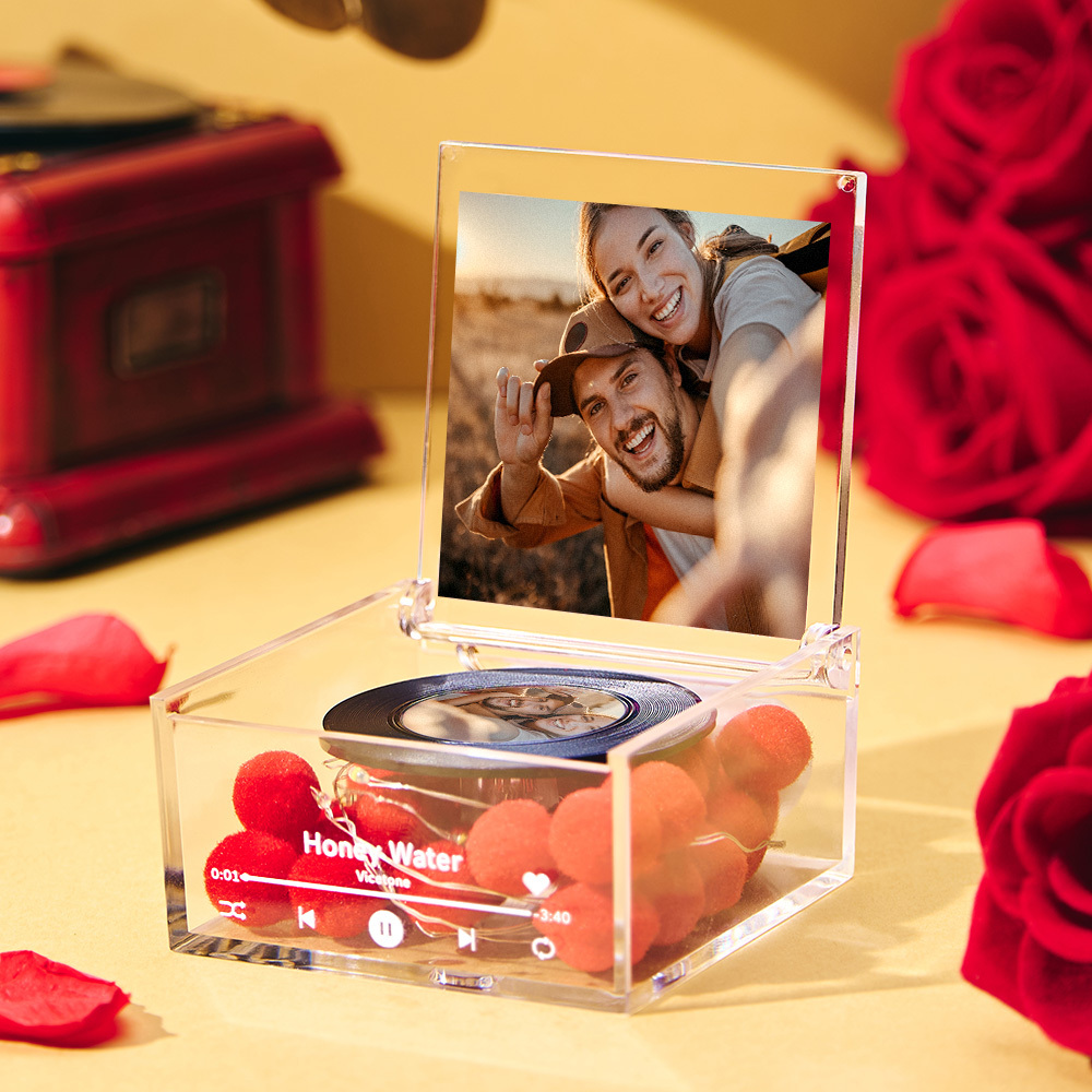 Mini Muziek Platenspeler Aangepaste Foto Met Licht Gepersonaliseerde Muziek Acryl Doos