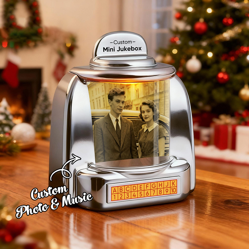 Gepersonaliseerde Mini-jukebox-retroluidspreker - Gepersonaliseerde Mini-muziekspeler Met Foto, Namen En Datum En Radio | Vintage Tafeldecoratie, Nostalgische Kerst-retrocadeaus - SokkenFoto