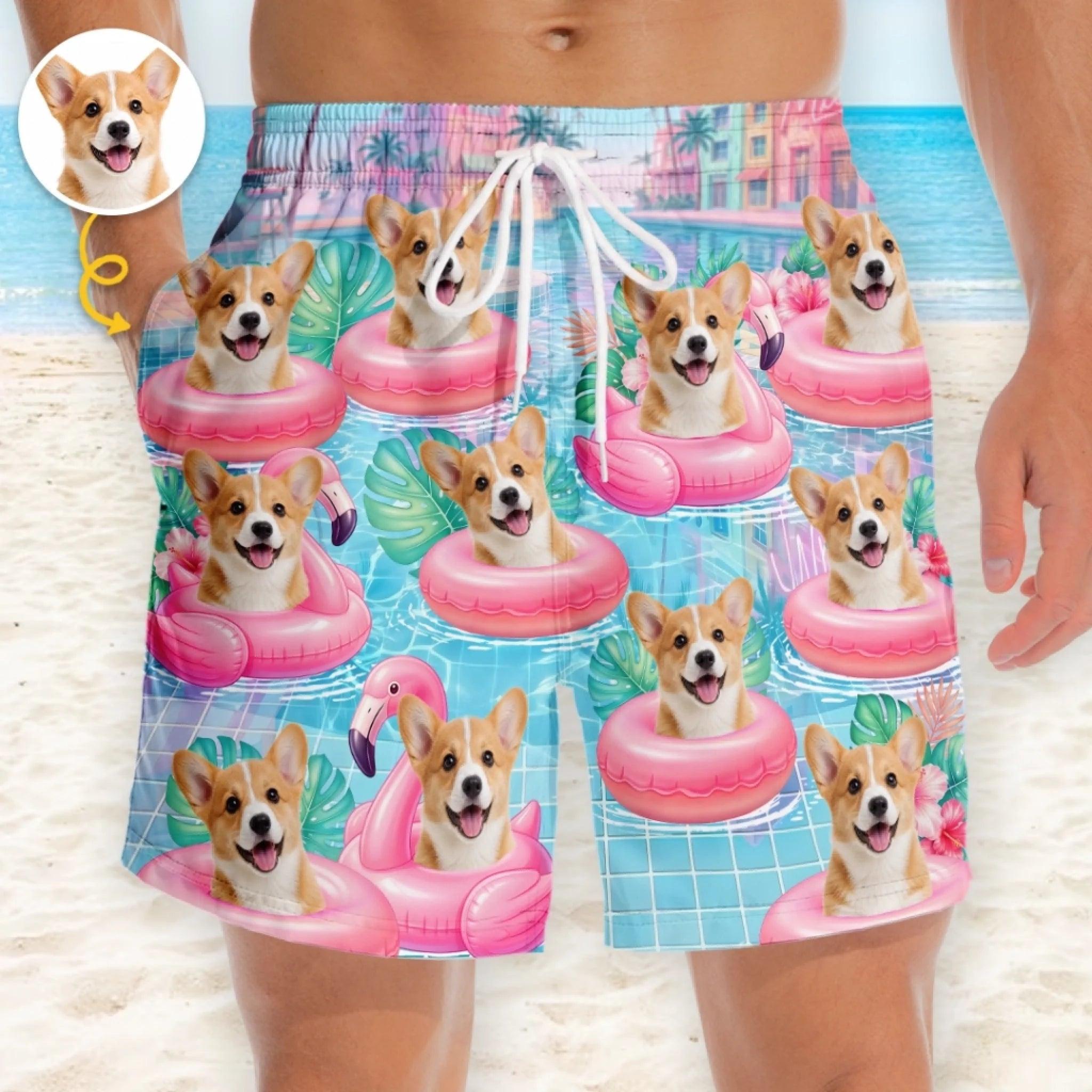 Aangepaste Foto Tropische Hawaiiaanse Aloha Heren Strandshorts - Gepersonaliseerde Zomervakantie En Reiscadeaus Voor Honden-, Kattenliefhebbers, Hondenvaders En -moeders, Kattenbezitters - Flamingo Float Club President