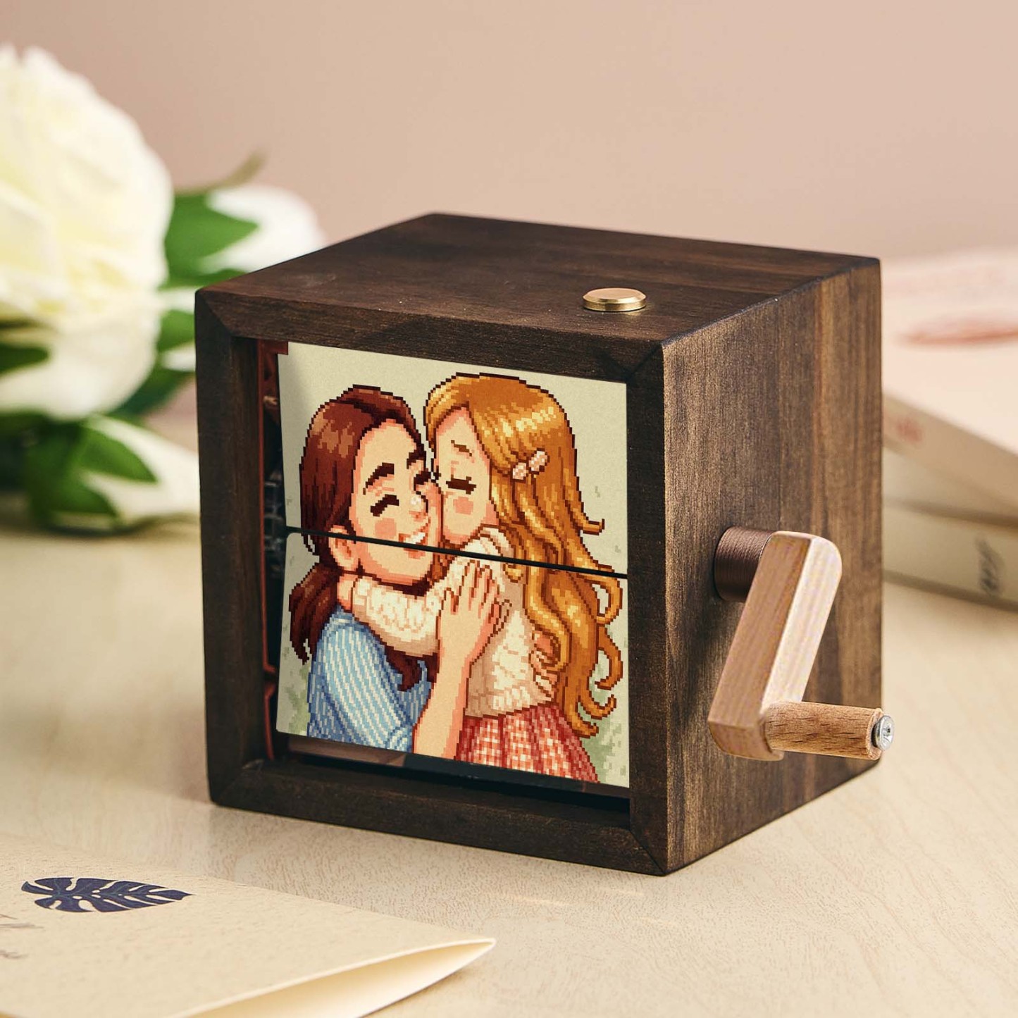 Aangepaste Anime Hand-crank Flipbook Box Mechanisch Hand-crank Fotoalbum Met Licht Walnoot Baby Foto Kubus Frame Creatief Cadeau - SokkenFoto