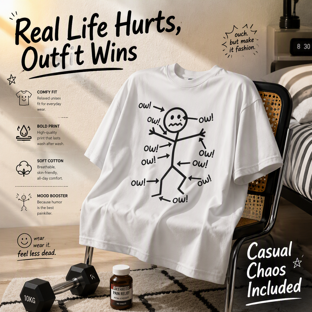 Grappige Ow Ow Ow Ow Zeggen Lichaamspijn Karakter Humor Sarcastische T-shirt - SokkenFoto