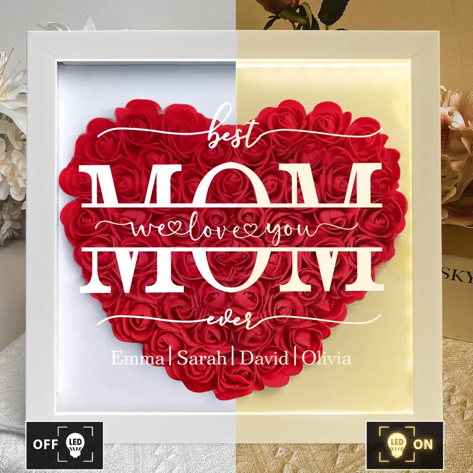 We Love You Mom - Gepersonaliseerde Bloemenschaduwdoos Met Led-lampje - SokkenFoto