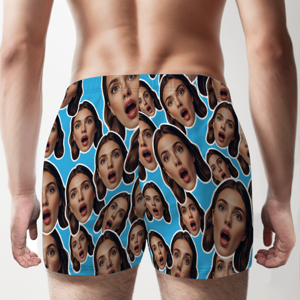 Aangepaste Face Mash Blue Boxershorts Gepersonaliseerde Tailleband Casual Ondergoed Valentijn Voor Hem - SokkenFoto