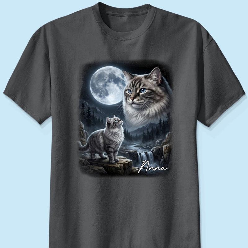 Kat Die Naar De Maan Huilt - T-shirt Met Gepersonaliseerde Huisdierfoto - Halloween Cadeau Voor Kattenliefhebbers - SokkenFoto