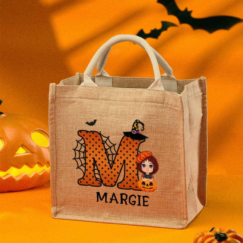 Gepersonaliseerde Cartoon Karakter Pompoen Ontwerp Trick Or Treat Snoep Jute Draagtas Met Initial & Naam Halloween Feestartikelen Cadeau Voor Kinderen - SokkenFoto