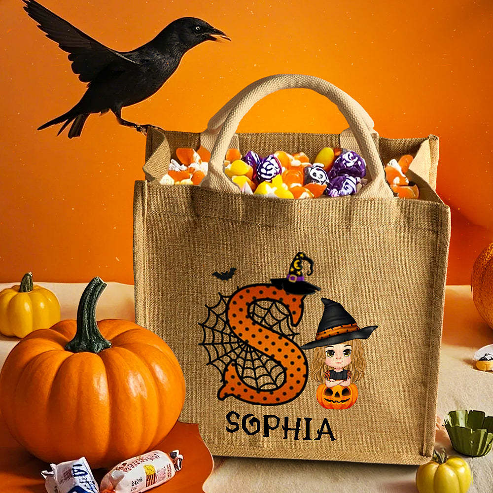 Gepersonaliseerde Cartoon Karakter Pompoen Ontwerp Trick Or Treat Snoep Jute Draagtas Met Initial & Naam Halloween Feestartikelen Cadeau Voor Kinderen - SokkenFoto